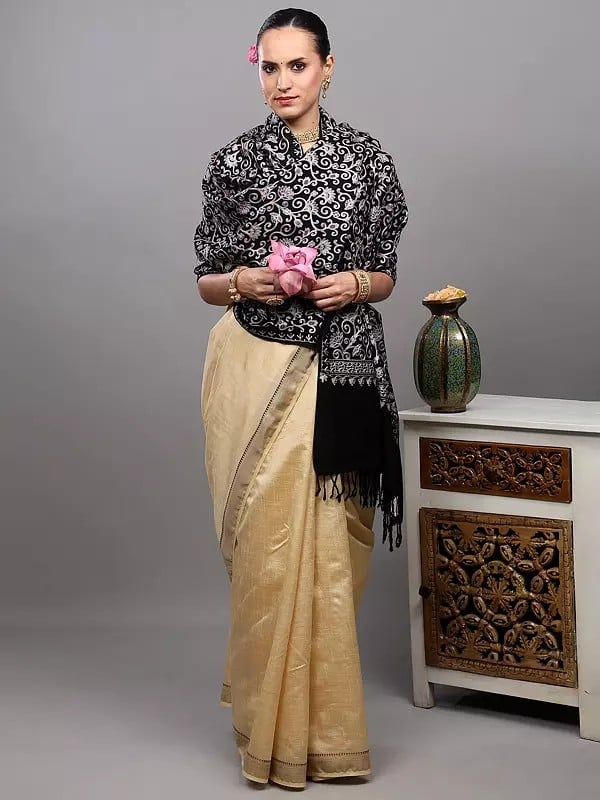 Exotic India Wool Stole From Amritsar With Intricate Sozni Embroidered Floral Vines On All-Over 