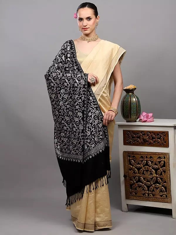 Exotic India Wool Stole From Amritsar With Intricate Sozni Embroidered Floral Vines On All-Over 