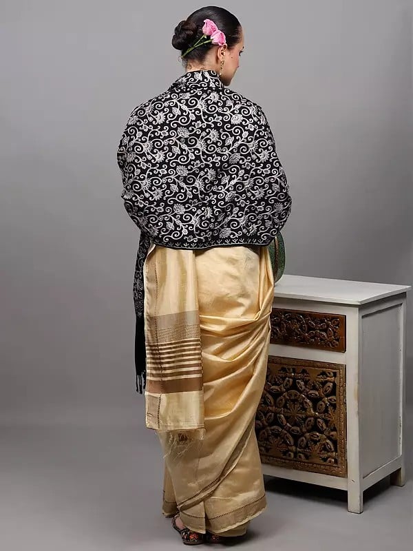 Exotic India Wool Stole From Amritsar With Intricate Sozni Embroidered Floral Vines On All-Over 