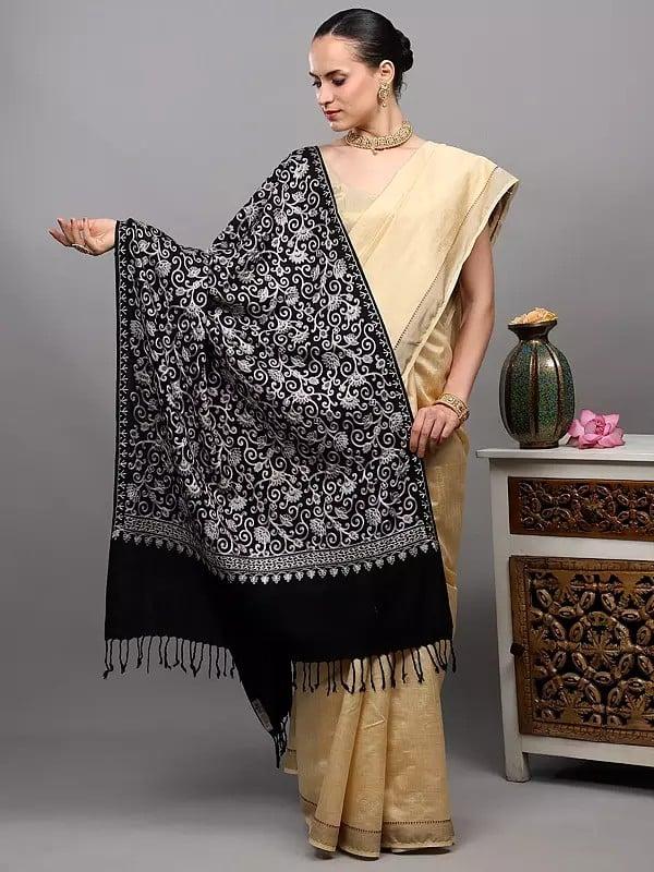 exotic india Wool Stole from Amritsar with Intricate Sozni Embroidered Floral Vines on All-Over 