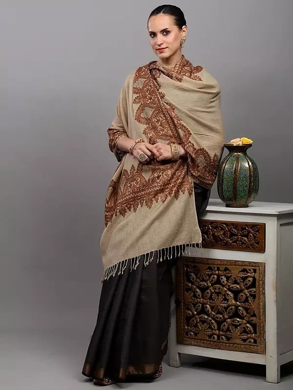 Exotic India Wool Stole With Aari Embroidered Floral Border And Stone Work From Amritsar 