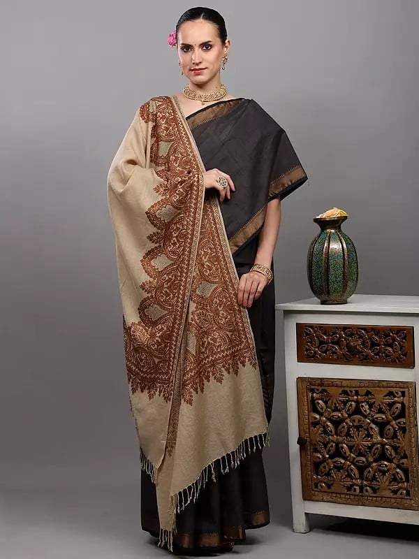 Exotic India Wool Stole With Aari Embroidered Floral Border And Stone Work From Amritsar 