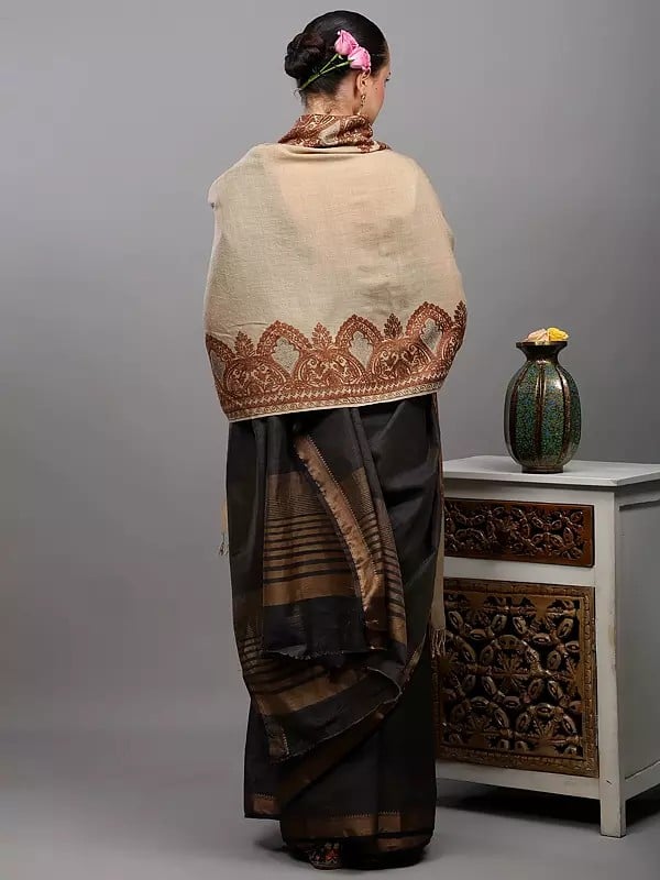 Exotic India Wool Stole With Aari Embroidered Floral Border And Stone Work From Amritsar 