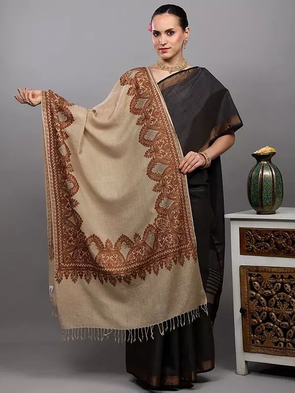 exotic india Wool Stole with Aari Embroidered Floral Border and Stone work from Amritsar 