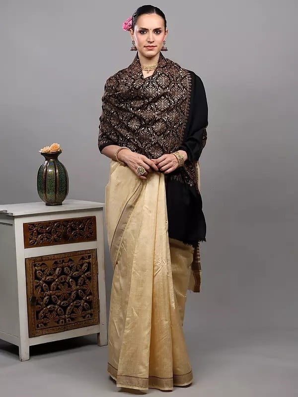 Exotic India Wool Stole With Zari Embroidered Floral Arabesque Pattern And Diamond Weave From Punjab 