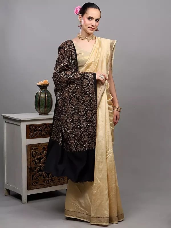 Exotic India Wool Stole With Zari Embroidered Floral Arabesque Pattern And Diamond Weave From Punjab 