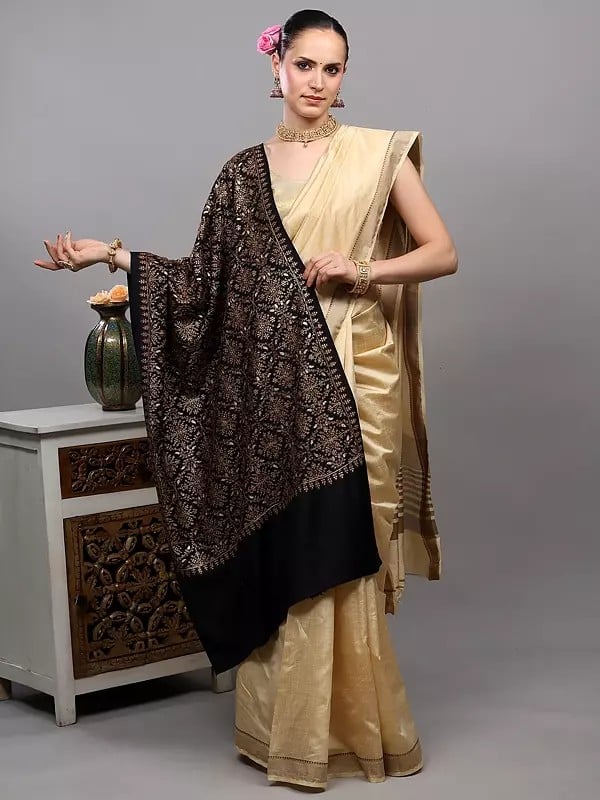 Exotic India Wool Stole With Zari Embroidered Floral Arabesque Pattern And Diamond Weave From Punjab 