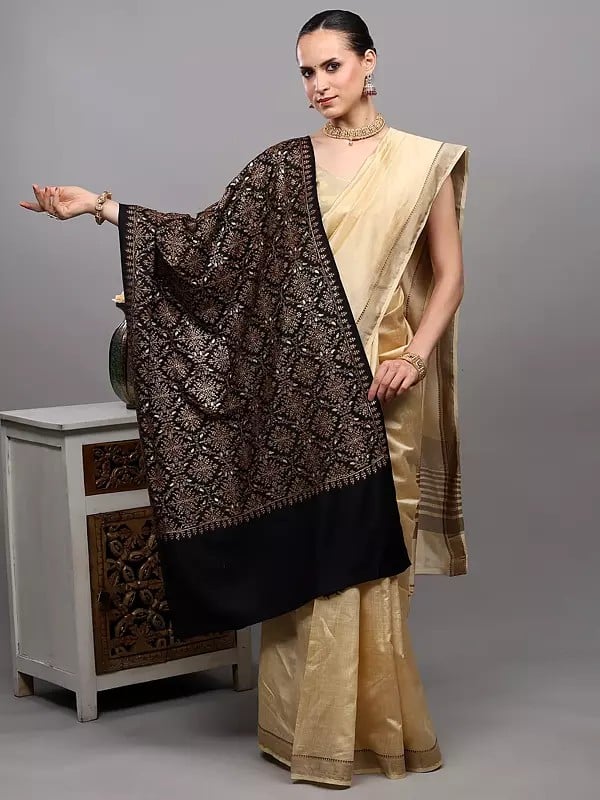 exotic india Wool Stole with Zari Embroidered Floral Arabesque Pattern and Diamond Weave from Punjab 
