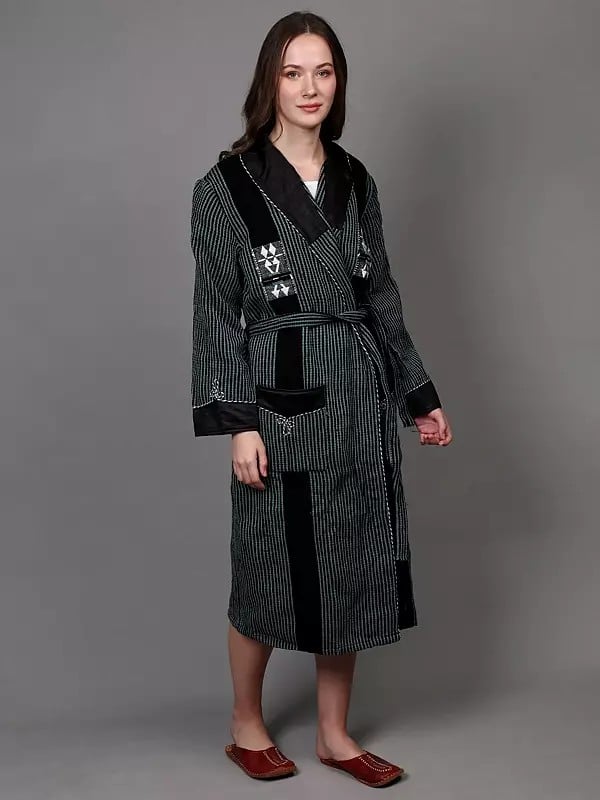Exotic India Wool Stripe Woven Robe With Pocket With Waist Belt From Nagaland 