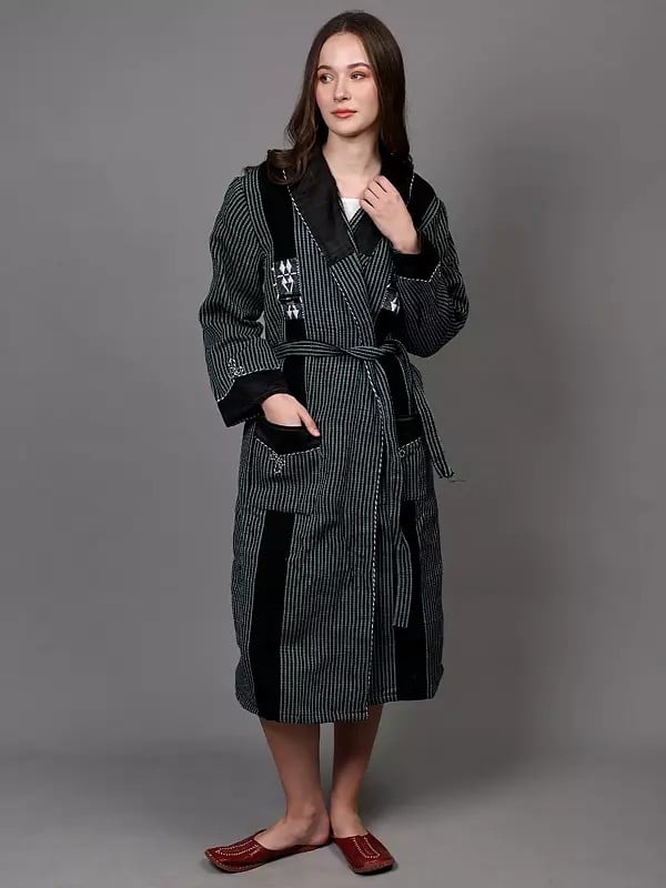 Exotic India Wool Stripe Woven Robe With Pocket With Waist Belt From Nagaland 