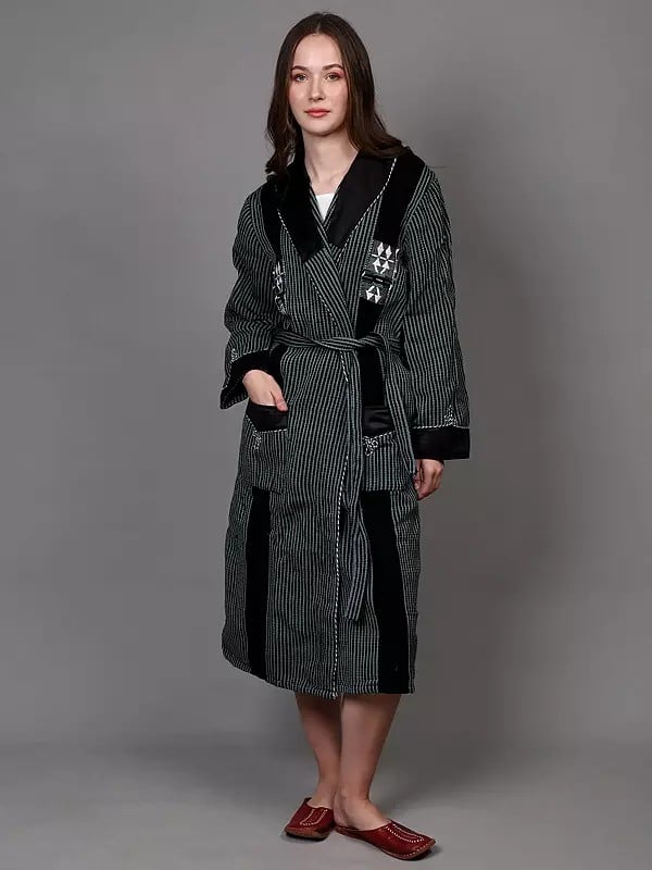 exotic india Wool Stripe Woven Robe with Pocket with Waist Belt from Nagaland 