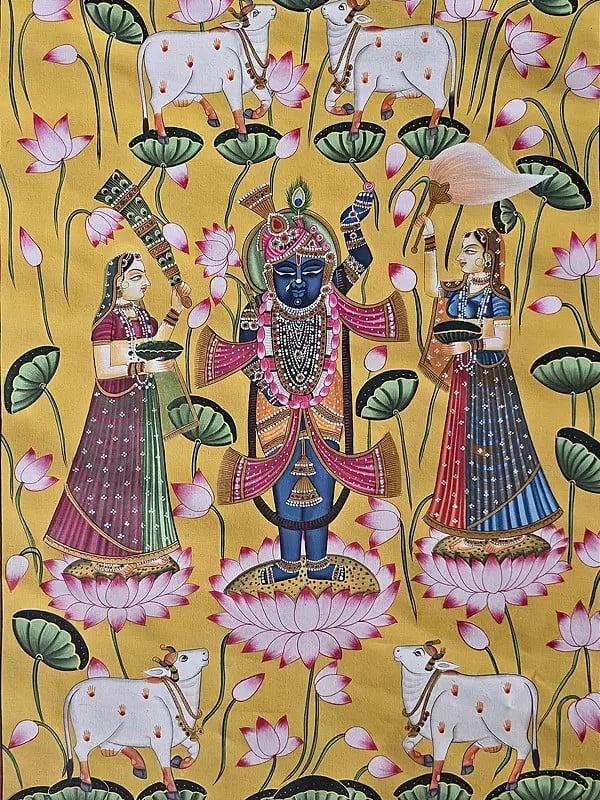 Exotic India Worship Of Lord Shrinathji | Watercolor On Cotton | Pichwai Art 