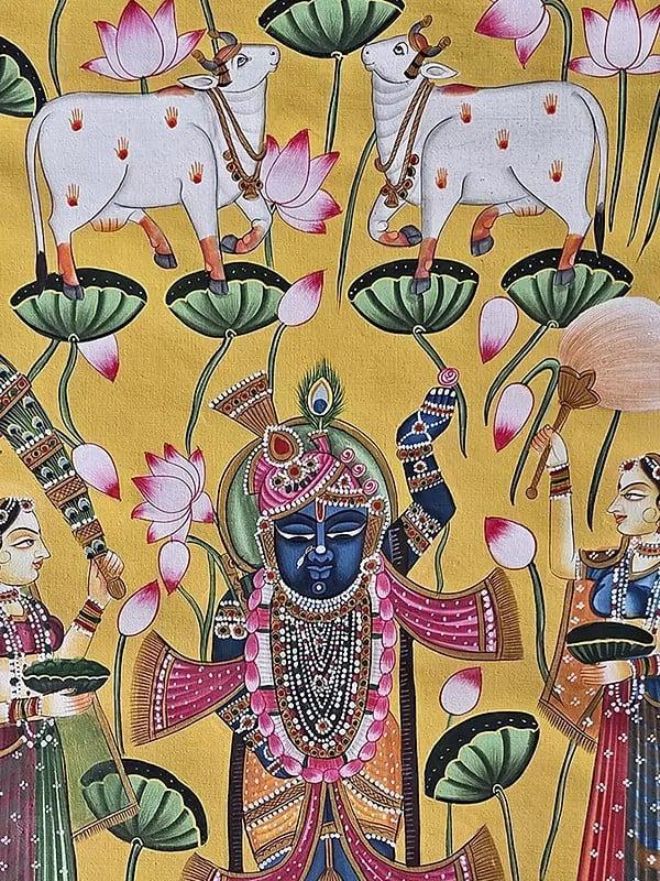 Exotic India Worship Of Lord Shrinathji | Watercolor On Cotton | Pichwai Art 