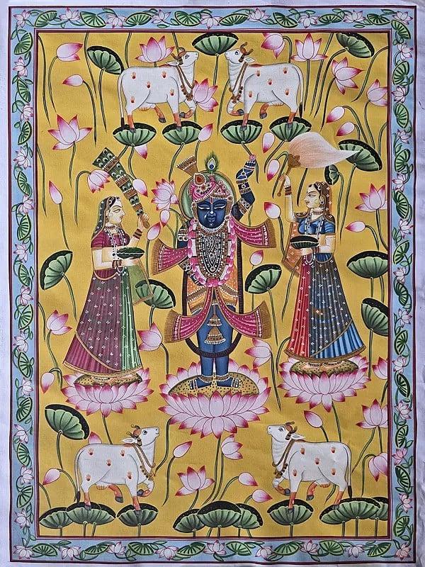 exotic india Worship Of Lord Shrinathji | Watercolor On Cotton | Pichwai Art 