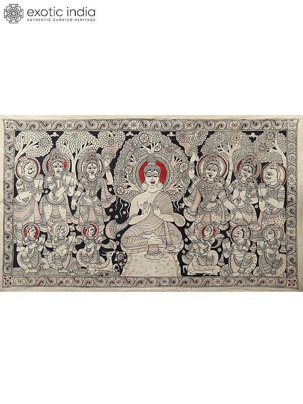exotic india Worshipping of Lord Buddha | Kalamkari Painting 