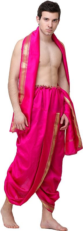 Exotic India Woven Golden Border Ready To Wear Dhoti And Angavastram Set 