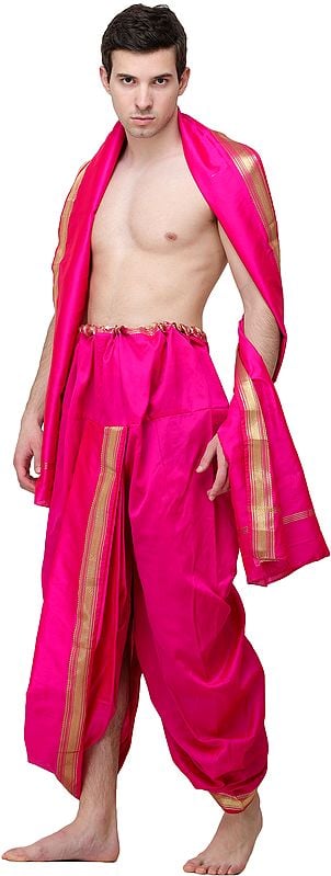 Exotic India Woven Golden Border Ready To Wear Dhoti And Angavastram Set 
