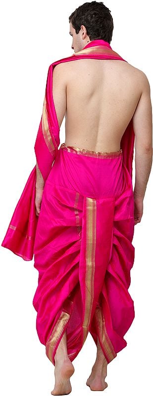 Exotic India Woven Golden Border Ready To Wear Dhoti And Angavastram Set 