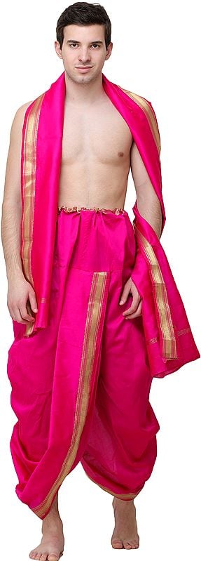 exotic india Woven Golden Border Ready to Wear Dhoti and Angavastram Set 