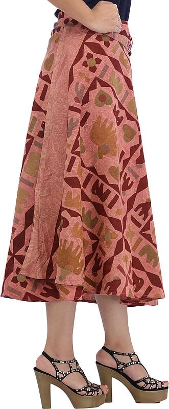 Exotic India Wrap-Around Casual Stone-washed Midi Skirt With Printed Elephants