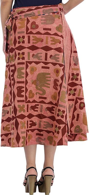 Exotic India Wrap-Around Casual Stone-washed Midi Skirt With Printed Elephants