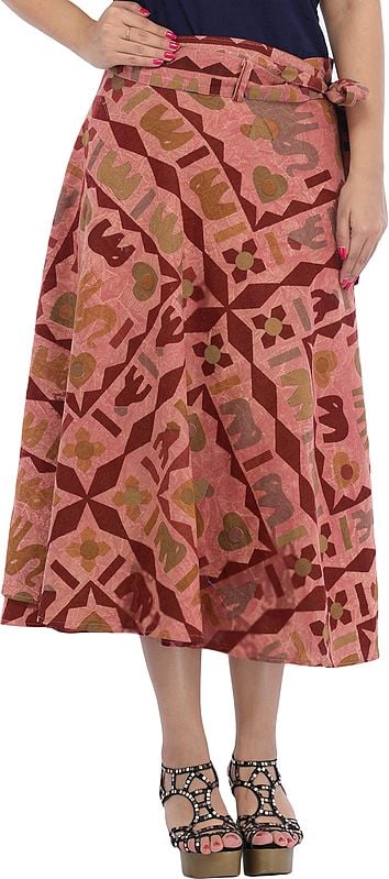 exotic india Wrap-Around Casual Stone-washed Midi Skirt with Printed Elephants 