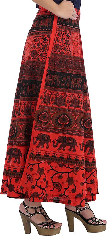 Exotic India Wrap-Around Long Skirt From Pilkhuwa With Printed Elephants 