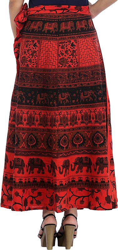 Exotic India Wrap-Around Long Skirt From Pilkhuwa With Printed Elephants 