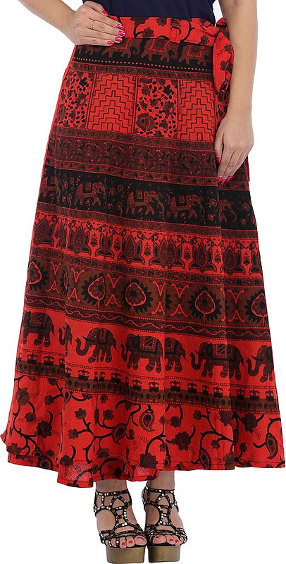 exotic india Wrap-Around Long Skirt from Pilkhuwa with Printed Elephants 