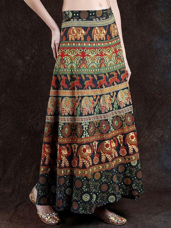 Exotic India Wrap-Around Long Skirt With Printed Elephants And Deer 