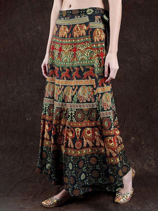 Exotic India Wrap-Around Long Skirt With Printed Elephants And Deer 