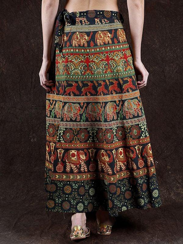 Exotic India Wrap-Around Long Skirt With Printed Elephants And Deer 
