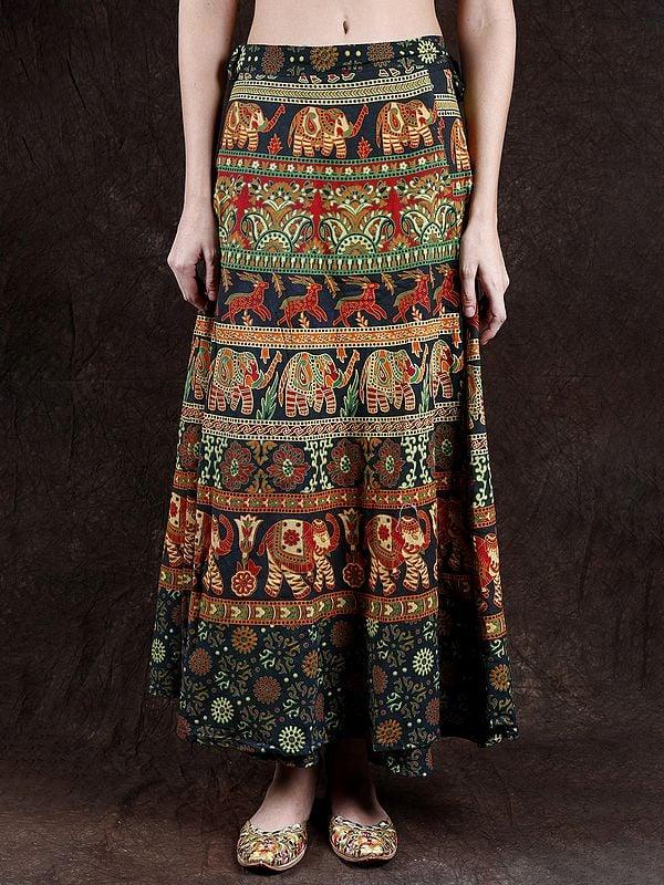 exotic india Wrap-Around Long Skirt with Printed Elephants and Deer 