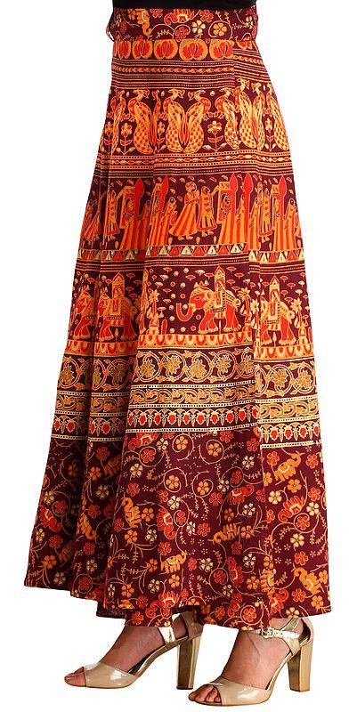 Exotic India Wrap-around Long Skirt With Printed Wedding Scenes 