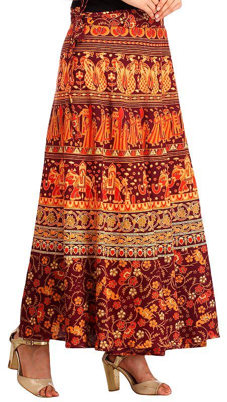 Exotic India Wrap-around Long Skirt With Printed Wedding Scenes 