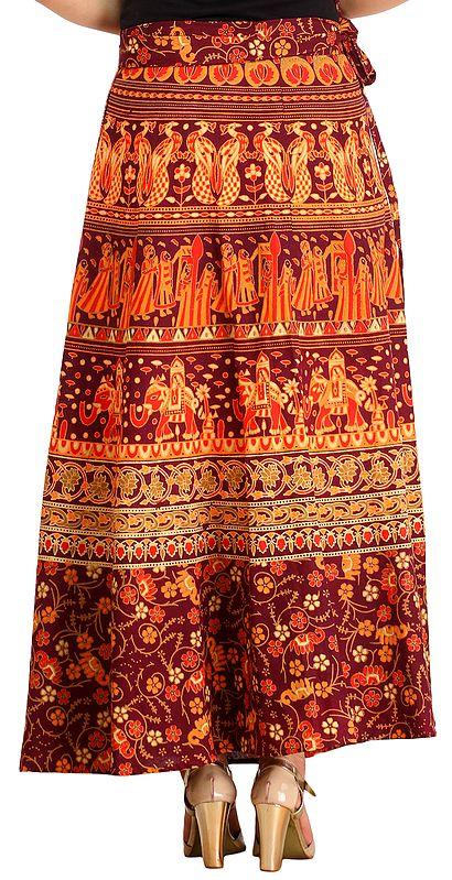 Exotic India Wrap-around Long Skirt With Printed Wedding Scenes 