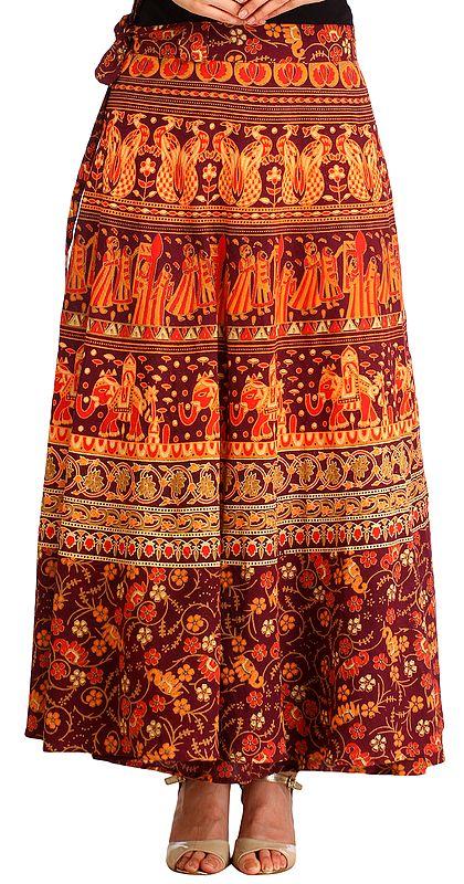 exotic india Wrap-around Long Skirt with Printed Wedding Scenes 