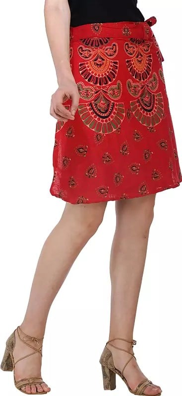 Exotic India Wrap-Around Sanganeri Short-Skirt With Printed Motifs 
