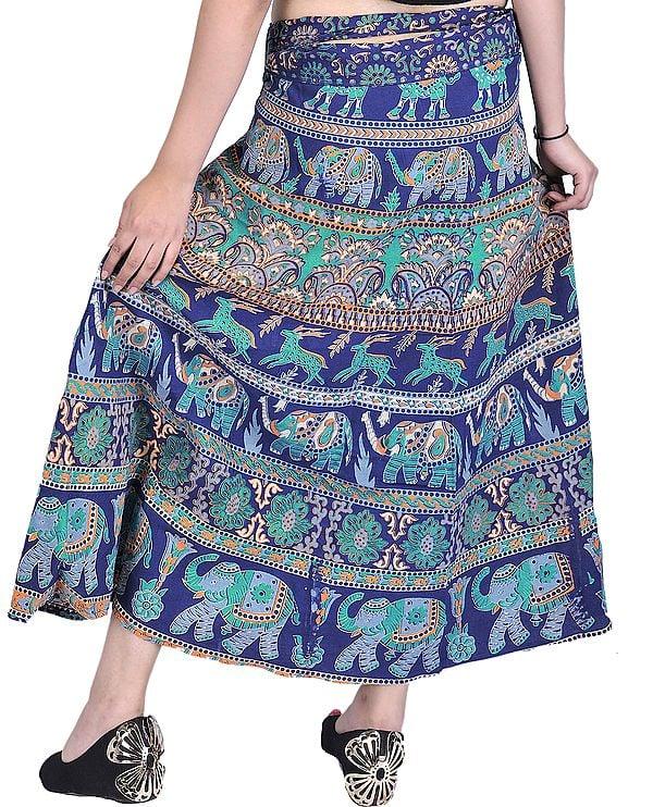 Exotic India Wrap-Around Sanganeri Skirt With Printed Elephants And Deers