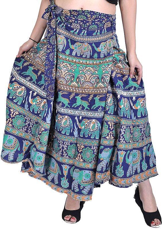 exotic india Wrap-Around Sanganeri Skirt with Printed Elephants and Deers 