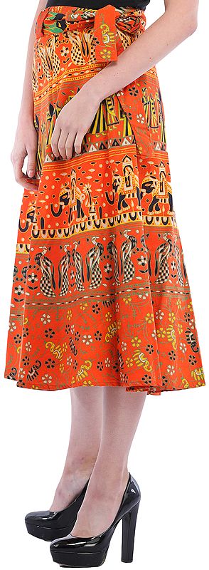 Exotic India Wrap-Around Sanganeri Skirt With Printed Marriage Procession 