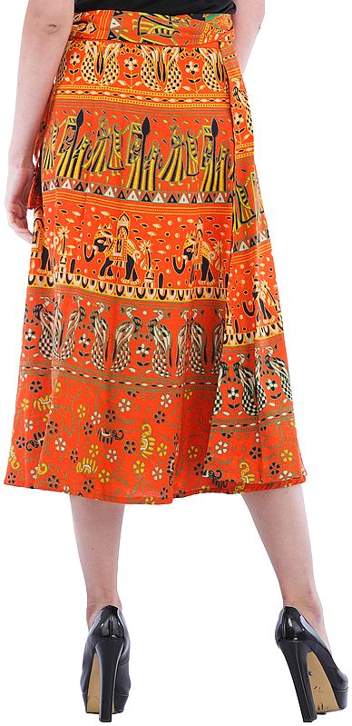 Exotic India Wrap-Around Sanganeri Skirt With Printed Marriage Procession 