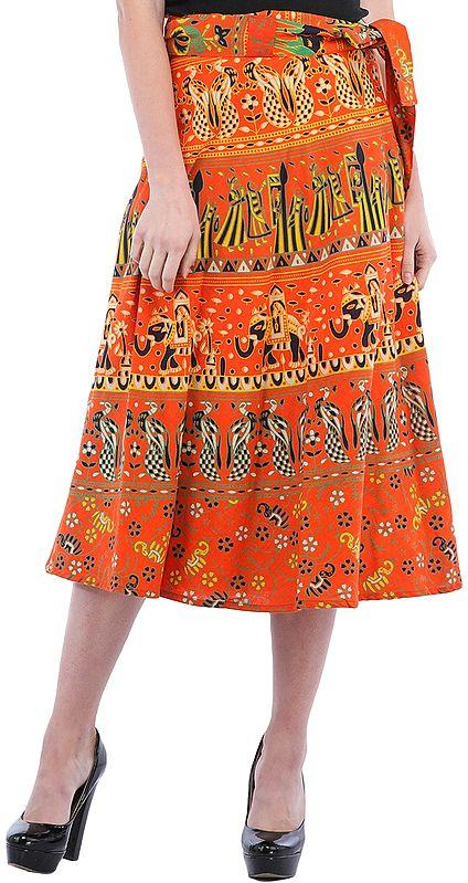 exotic india Wrap-Around Sanganeri Skirt with Printed Marriage Procession 
