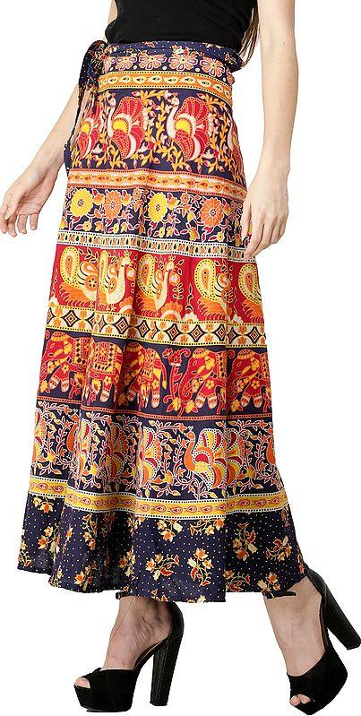 Exotic India Wrap-On Long Skirt From Pilkhuwa With Printed Paisleys And Elephants 