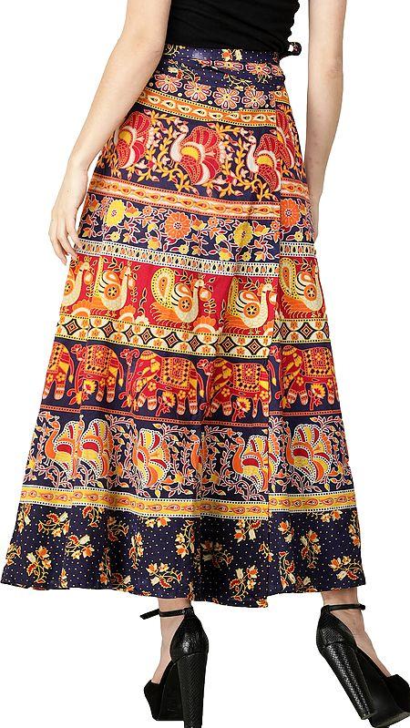 Exotic India Wrap-On Long Skirt From Pilkhuwa With Printed Paisleys And Elephants 