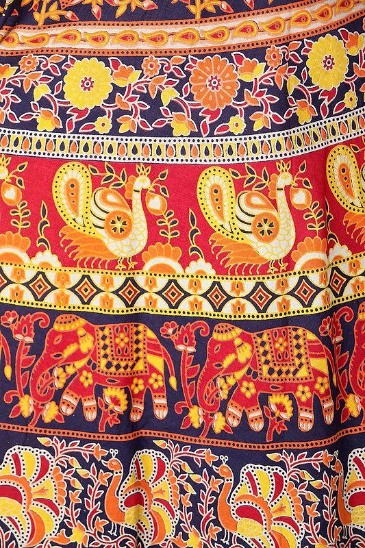 Exotic India Wrap-On Long Skirt From Pilkhuwa With Printed Paisleys And Elephants 