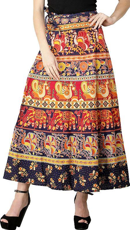 exotic india Wrap-On Long Skirt from Pilkhuwa with Printed Paisleys and Elephants 