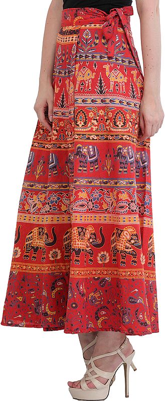 Exotic India Wrap-On Long Skirt With Printed Elephants And Camels 