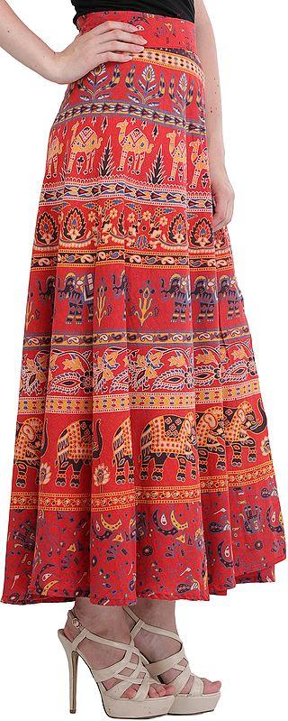 Exotic India Wrap-On Long Skirt With Printed Elephants And Camels 
