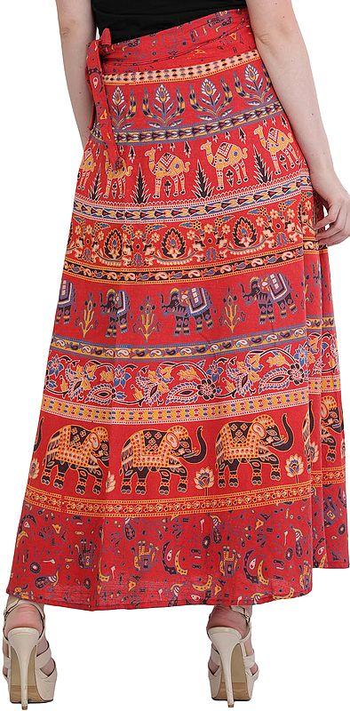Exotic India Wrap-On Long Skirt With Printed Elephants And Camels 